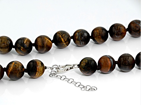 Brown Tiger Eye Rhodium Over Sterling Silver Bead Necklace