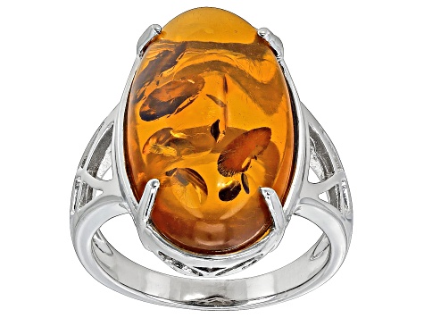 Orange Amber Rhodium Over Sterling Silver Solitaire Ring