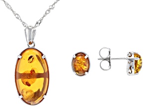 Orange Amber Rhodium Over Silver Pendant With Chain And Earrings Set