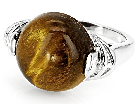 Brown Tiger's Eye Rhodium Over Sterling Silver Solitaire Ring