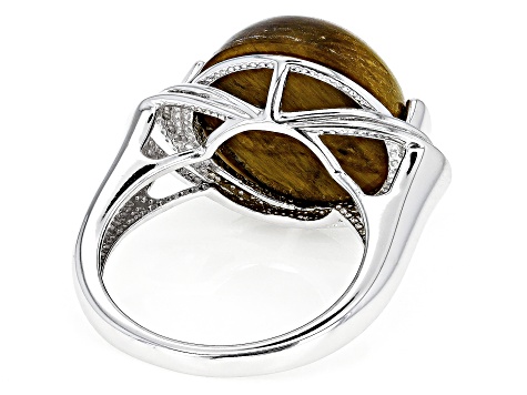 Brown Tiger's Eye Rhodium Over Sterling Silver Solitaire Ring