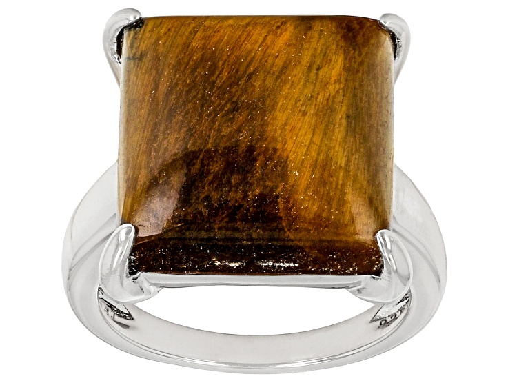 Brown Tiger's Eye Rhodium Over Sterling Silver Solitaire Ring