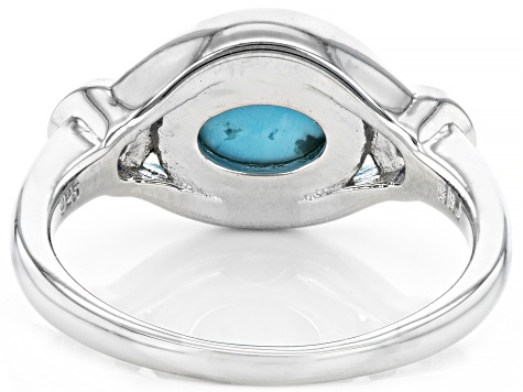 Blue Oval Cabochon Turquoise Rhodium Over Silver 3-Stone Ring 0.22ctw