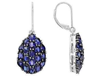 Picture of Blue Lab Created Sapphire Rhodium Over Silver Dangle Earrings 7.11ctw