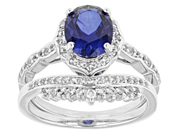 Picture of Blue Lab Created Sapphire Rhodium Over Silver Ring Set 2.57ctw