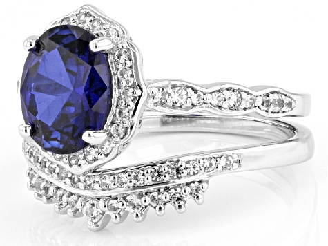Blue Lab Created Sapphire Rhodium Over Silver Ring Set 2.57ctw