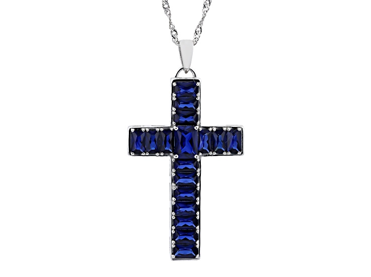Blue Lab Created Sapphire Rhodium Over Silver Cross Pendant