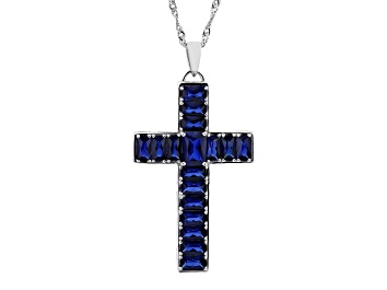 Picture of Blue Lab Created Sapphire Rhodium Over Silver Cross Pendant with Chain 5.92ctw