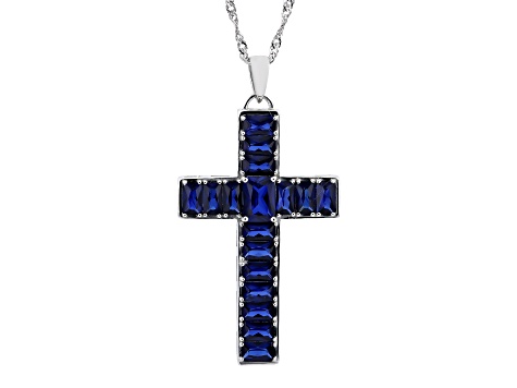 Blue Lab Created Sapphire Rhodium Over Silver Cross Pendant with Chain 5.92ctw