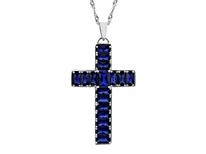 Blue Lab Created Sapphire Rhodium Over Silver Cross Pendant with Chain 5.92ctw