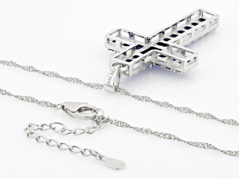 Blue Lab Created Sapphire Rhodium Over Silver Cross Pendant with Chain 5.92ctw