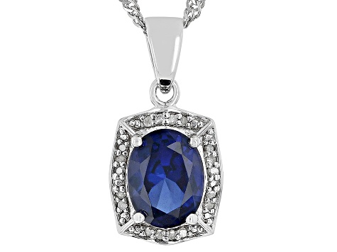 Blue Lab Created Sapphire Rhodium Over Silver Pendant Chain 2.19ctw