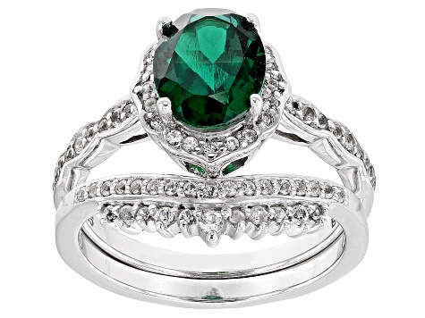Green Lab Created Emerald Rhodium Over Sterling Silver Ring Set 1.84ctw