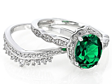 Green Lab Created Emerald Rhodium Over Sterling Silver Ring Set 1.84ctw