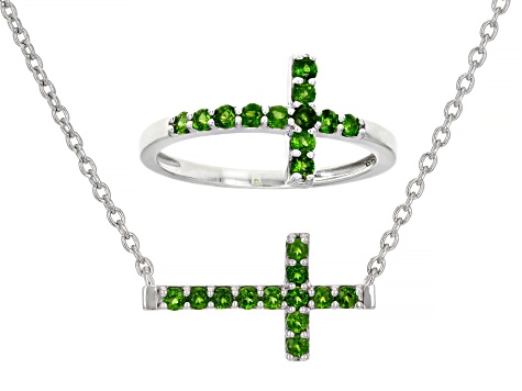 Green Chrome Diopside Rhodium Over Sterling Silver Cross Ring And Necklace Set 0.82ctw