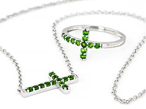 Green Chrome Diopside Rhodium Over Sterling Silver Cross Ring And Necklace Set 0.82ctw