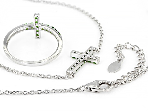 Green Chrome Diopside Rhodium Over Sterling Silver Cross Ring And Necklace Set 0.82ctw