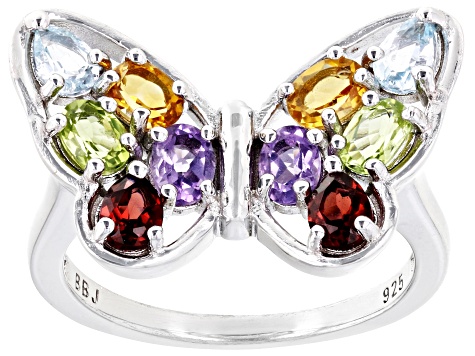 Multicolor Multi-Gem Rhodium Over Sterling Silver Butterfly Ring 1.45ctw