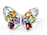 Multicolor Multi-Gem Rhodium Over Sterling Silver Butterfly Ring 1.45ctw