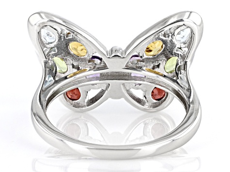 Multicolor Multi-Gem Rhodium Over Sterling Silver Butterfly Ring 1.45ctw