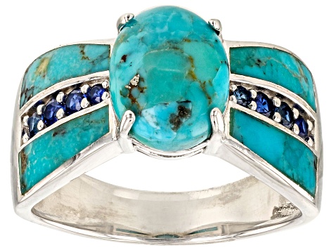 Blue Turquoise Rhodium Over Silver Ring 0.23ctw