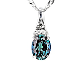 Blue Lab Created Alexandrite Diamond Rhodium Over Silver Pendant With Chain 1.26ctw