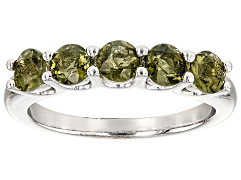 Green Moldavite Rhodium Over Sterling Silver Band Ring 0.89ctw