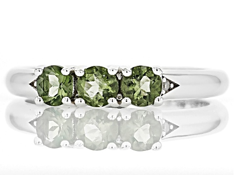 Green Moldavite Rhodium Over Sterling Silver 3-Stone Ring