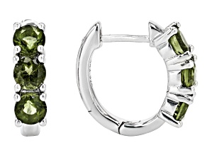 Green Moldavite Rhodium Over Sterling Silver 3-Stone Hoop Earrings 1.07ctw
