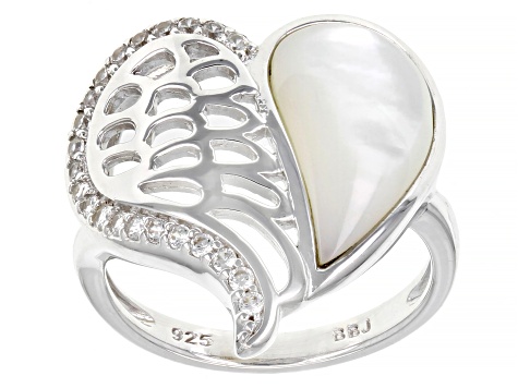 White Mother-Of-Pearl Rhodium Over Sterling Silver Heart Ring