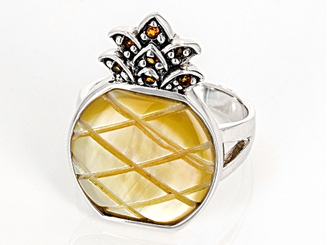 Yellow Mother-Of-Pearl Sterling Silver Pineapple Ring 0.03ctw.