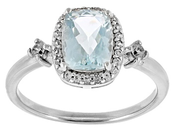 Picture of Blue Aquamarine Rhodium Over Sterling Silver Halo Ring 1.25ctw