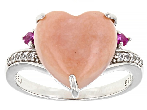 Pink Opal Rhodium Over Silver Heart Ring 0.19ctw