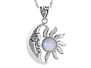 White Rainbow Moonstone Sterling Silver Moon And Sun Pendant With Chain