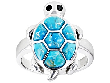 Picture of Blue Turquoise Rhodium Over Sterling Silver Turtle Ring 0.07ctw