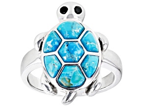 Blue Turquoise Rhodium Over Sterling Silver Turtle Ring 0.07ctw