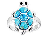 Blue Turquoise Rhodium Over Sterling Silver Turtle Ring 0.07ctw