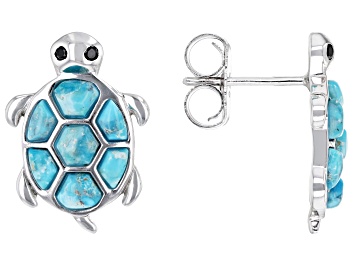 Picture of Blue Turquoise Rhodium Over Sterling Silver Turtle Earrings