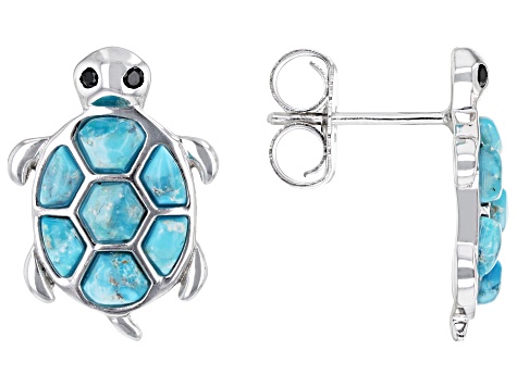 Blue Turquoise Rhodium Over Sterling Silver Turtle Earrings