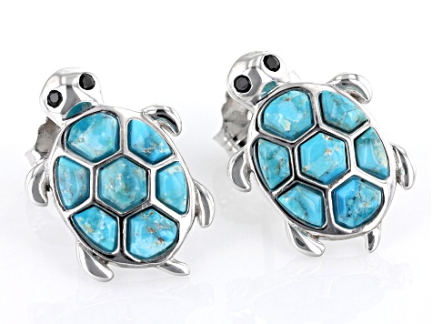 Blue Turquoise Rhodium Over Sterling Silver Turtle Earrings