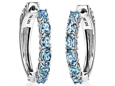 Swiss Blue Topaz Rhodium Over Sterling Silver Hoop Earrings 2.09ctw