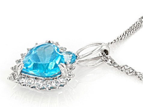 Swiss Blue Topaz Rhodium Over Silver Heart Pendant With Chain 2.17ctw
