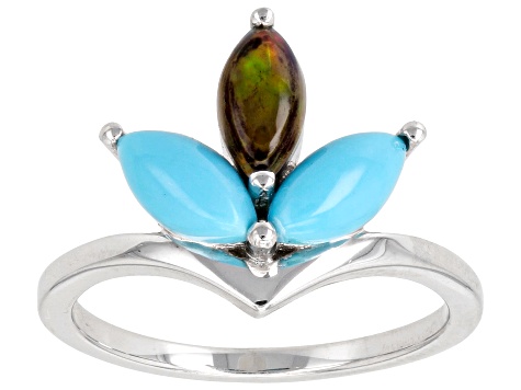 Sleeping Beauty Turquoise Rhodium Over Sterling Silver 3-Stone Ring .34ct