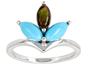 Sleeping Beauty Turquoise Rhodium Over Sterling Silver 3-Stone Ring .34ct