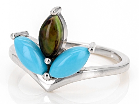 Sleeping Beauty Turquoise Rhodium Over Sterling Silver 3-Stone Ring .34ct