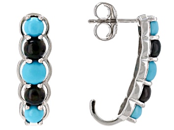 Picture of Blue Turquoise Rhodium Over Silver J-Hoop Earrings 1.36ctw
