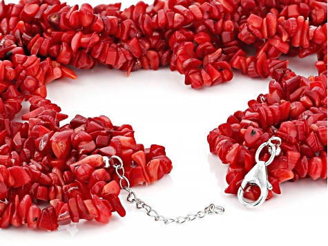 Red Coral Rhodium Over Sterling Silver Chip Necklace - CTB1148