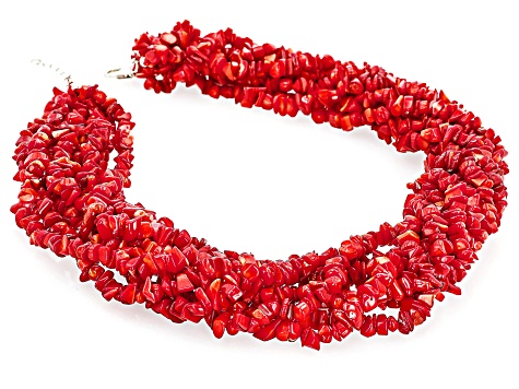 Red Coral Rhodium Over Sterling Silver Chip Necklace