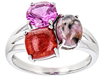 Picture of Pink Rhodonite Rhodium Over Silver 3-Stone Ring 1.36ct