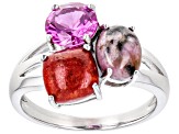 Pink Rhodonite Rhodium Over Silver 3-Stone Ring 1.36ct